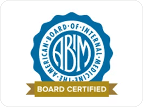 ABIM board certified seal in blue and gold.