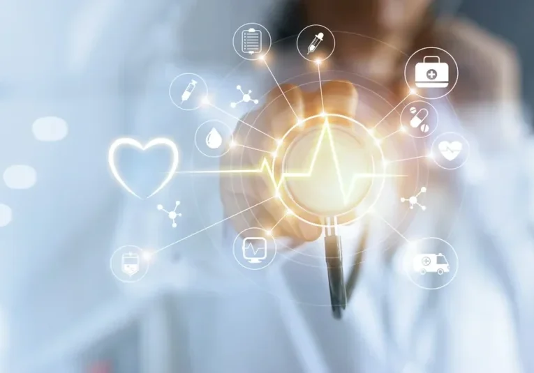 Medical technology with holographic health icons.